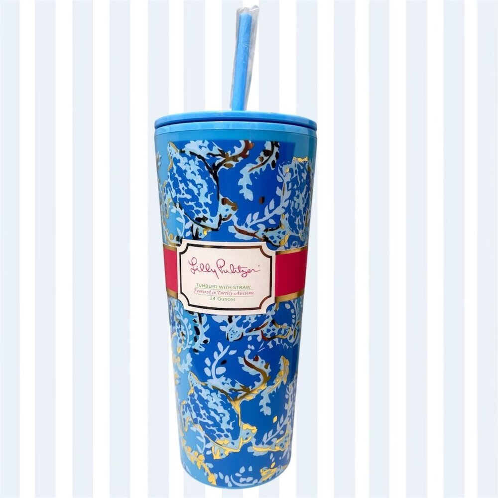 Lilly‎ Pulitzer Travel Drink Tumbler With Straw in Turtley Awesome 24 oz Blue